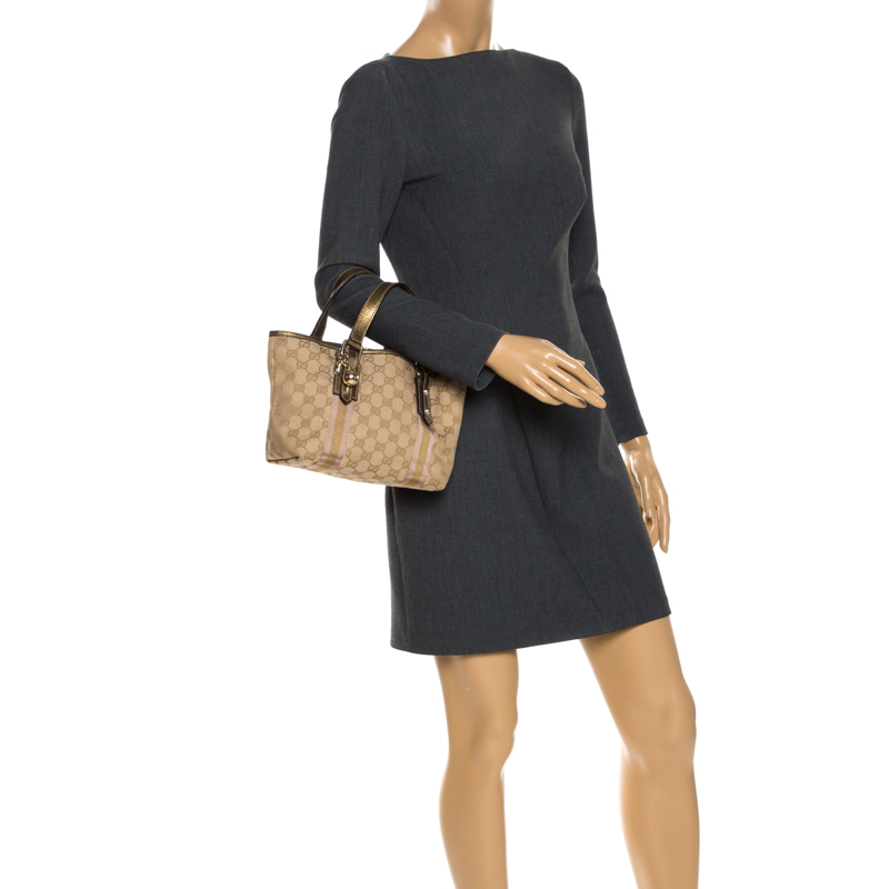 

Gucci Beige/Metallic GG Canvas Leather Jolicoeur Web Tote