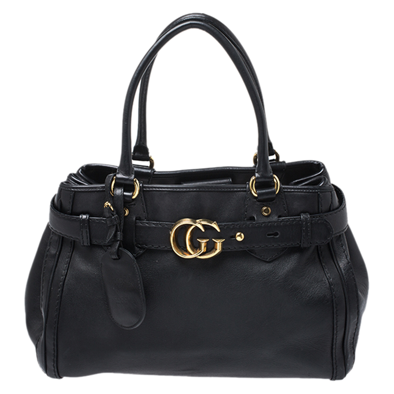 Pre Owned Gucci Black Leather Medium GG Running Tote