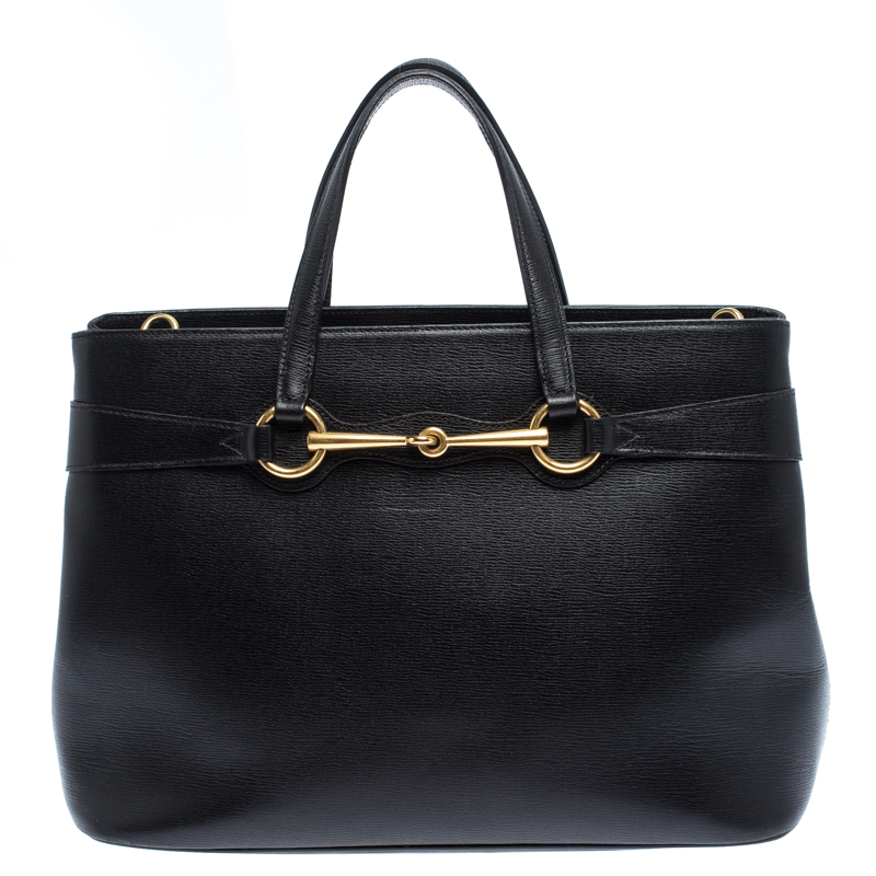 Pre Owned Gucci Black Leather Medium Bright Bit Tote