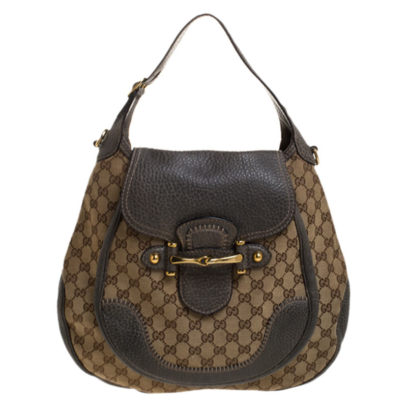 Gucci Grey/Brown GG Canvas and Leather Large New Pelham Horsebit Shoulder Bag