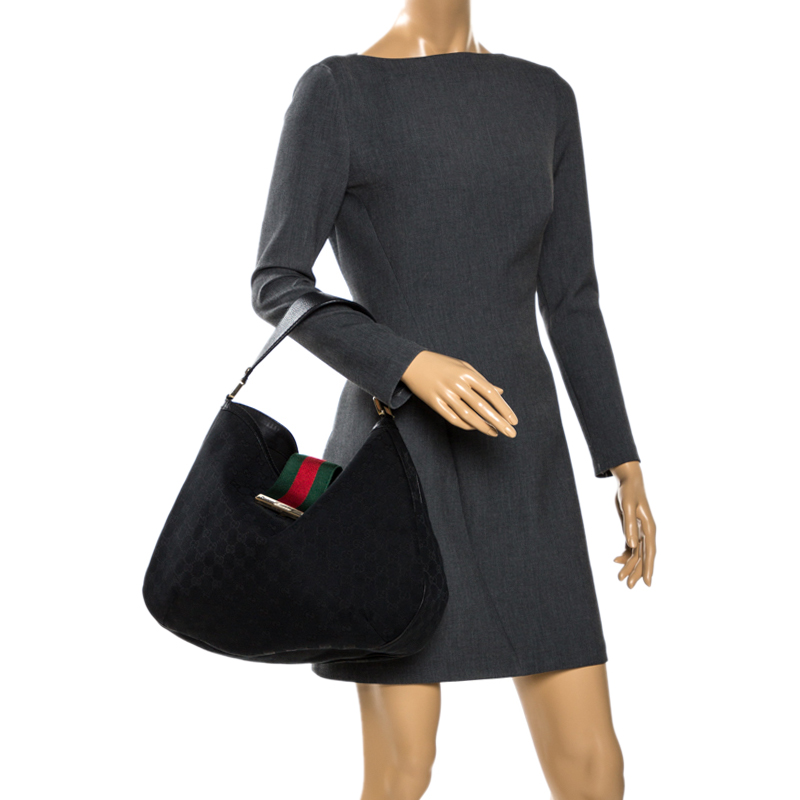 

Gucci Black GG Canvas and Leather Large New Ladies Web Hobo