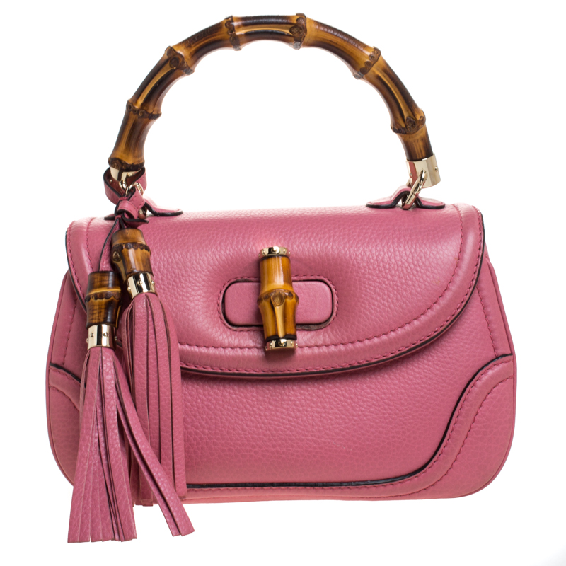 Pre Owned Gucci Pink Leather Medium Tassel New Bamboo Top Handle Bag