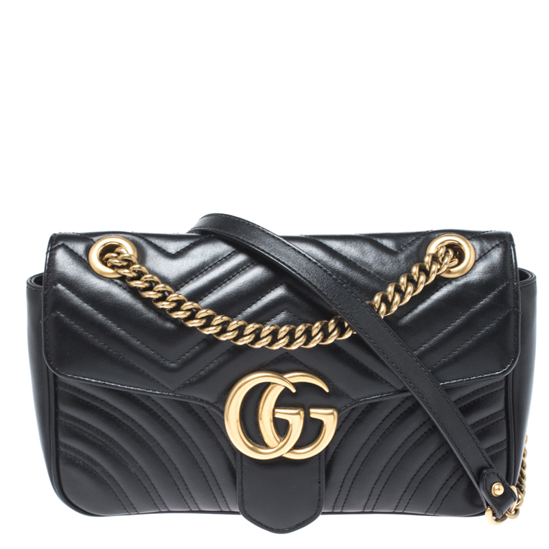 Pre Owned Gucci Black Matelasse Leather Small GG Marmont Shoulder Bag
