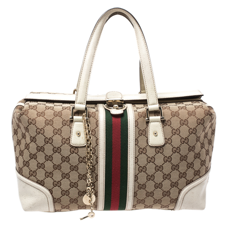 Pre-owned Gucci White Gg Canvas And Leather Large Web Treasure Boston Bag