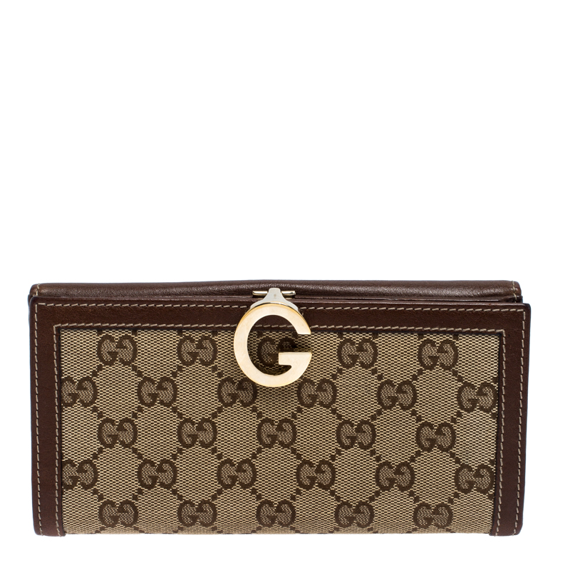 Gucci Brown GG Canvas and Leather Trim G Continental Wallet