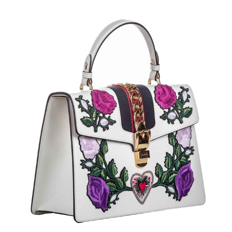 

Gucci White Leather Floral Embroidered Medium Sylvie Top Handle Bag, Multicolor