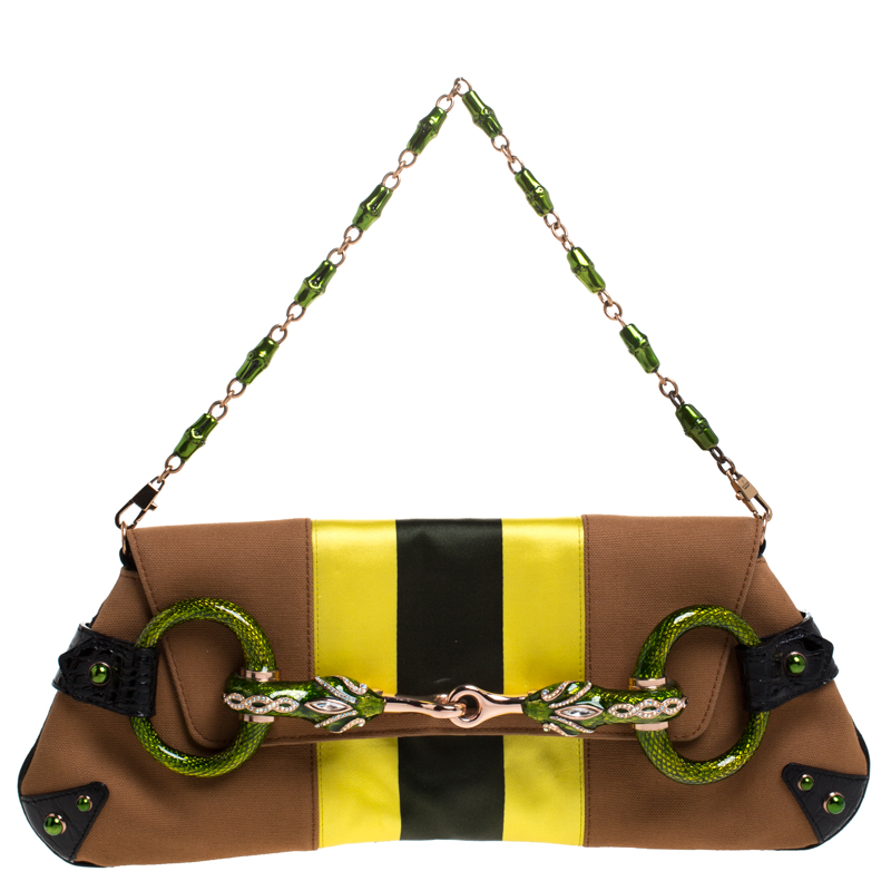 Pre Owned Gucci Multicolor Canvas/Satin and Croc Trim Serpent Horsebit Chain Clutch