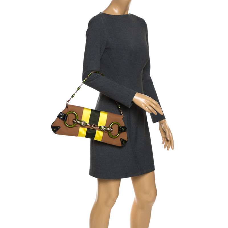 

Gucci Multicolor Canvas/Satin and Croc Trim Serpent Horsebit Chain Clutch