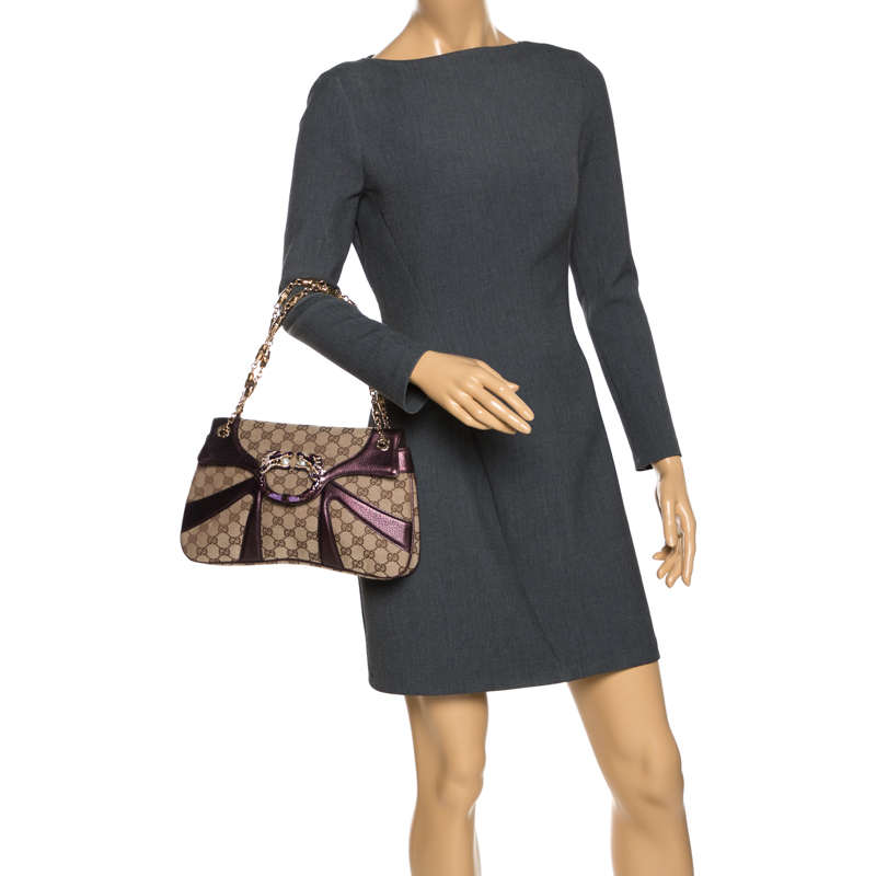 

Gucci Beige/Purple Canvas and Leather Jeweled Dragon Chain Clutch