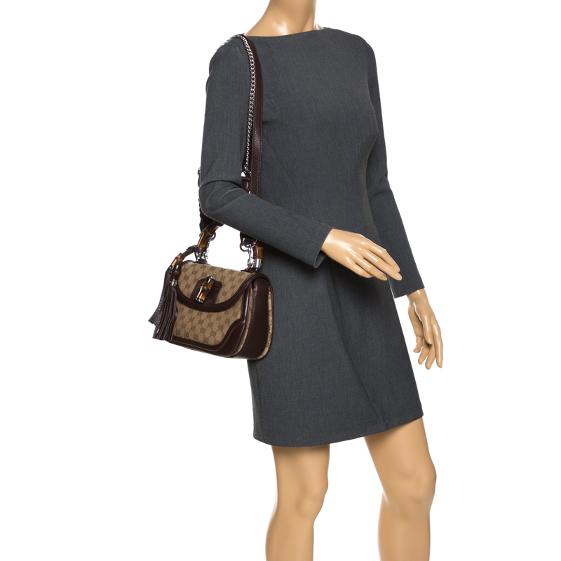 

Gucci Brown GG Canvas and Leather  Tassel New Bamboo Top Handle Bag