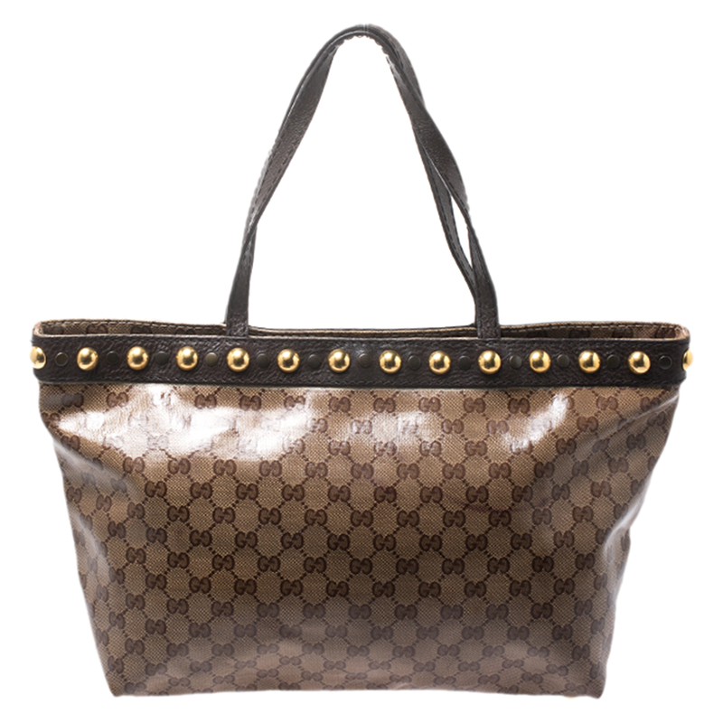 Pre-owned Gucci Beige/ebony Gg Crystal Canvas And Leather Medium Babouska Tote