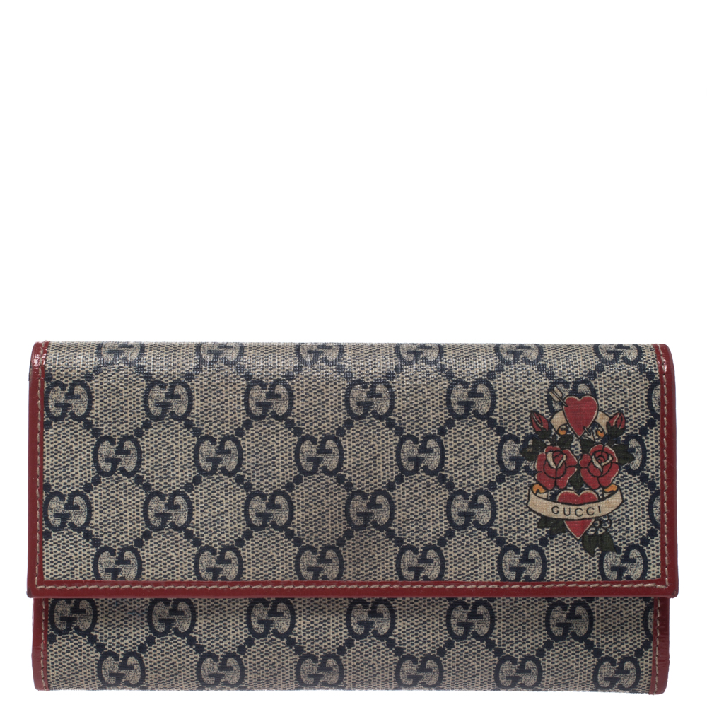 Gucci Navy Blue/Red GG Supreme Canvas with Patent Leather Trim Continental Wallet