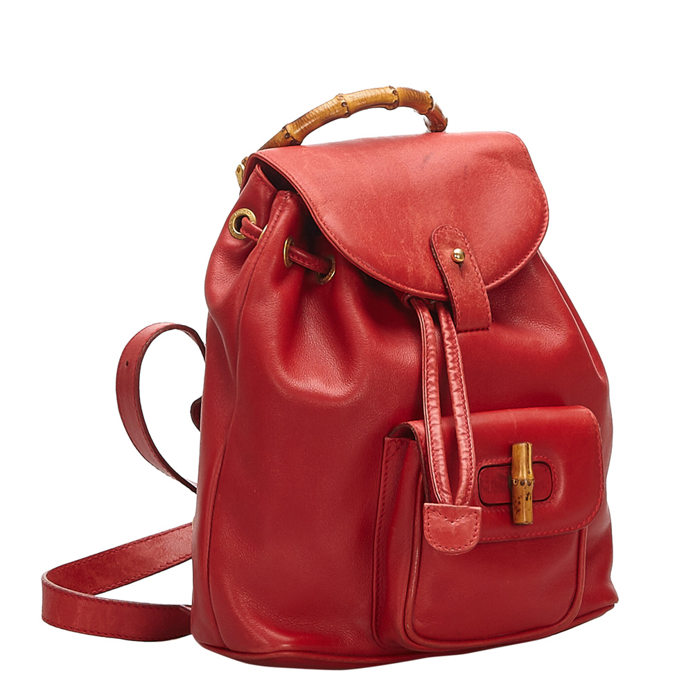 

Gucci Red Leather Drawstring Bamboo Backpack