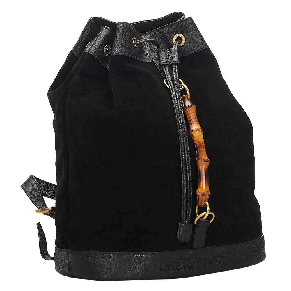 

Gucci Black Suede Bamboo Drawstring Backpack