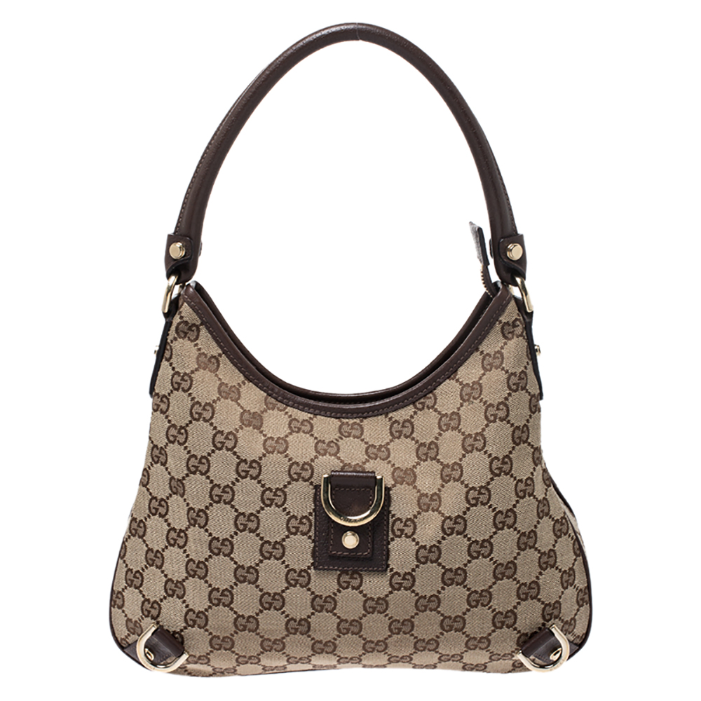 Gucci Beige/Gold GG Canvas And Leather D Ring Hobo For Sale at 1stDibs