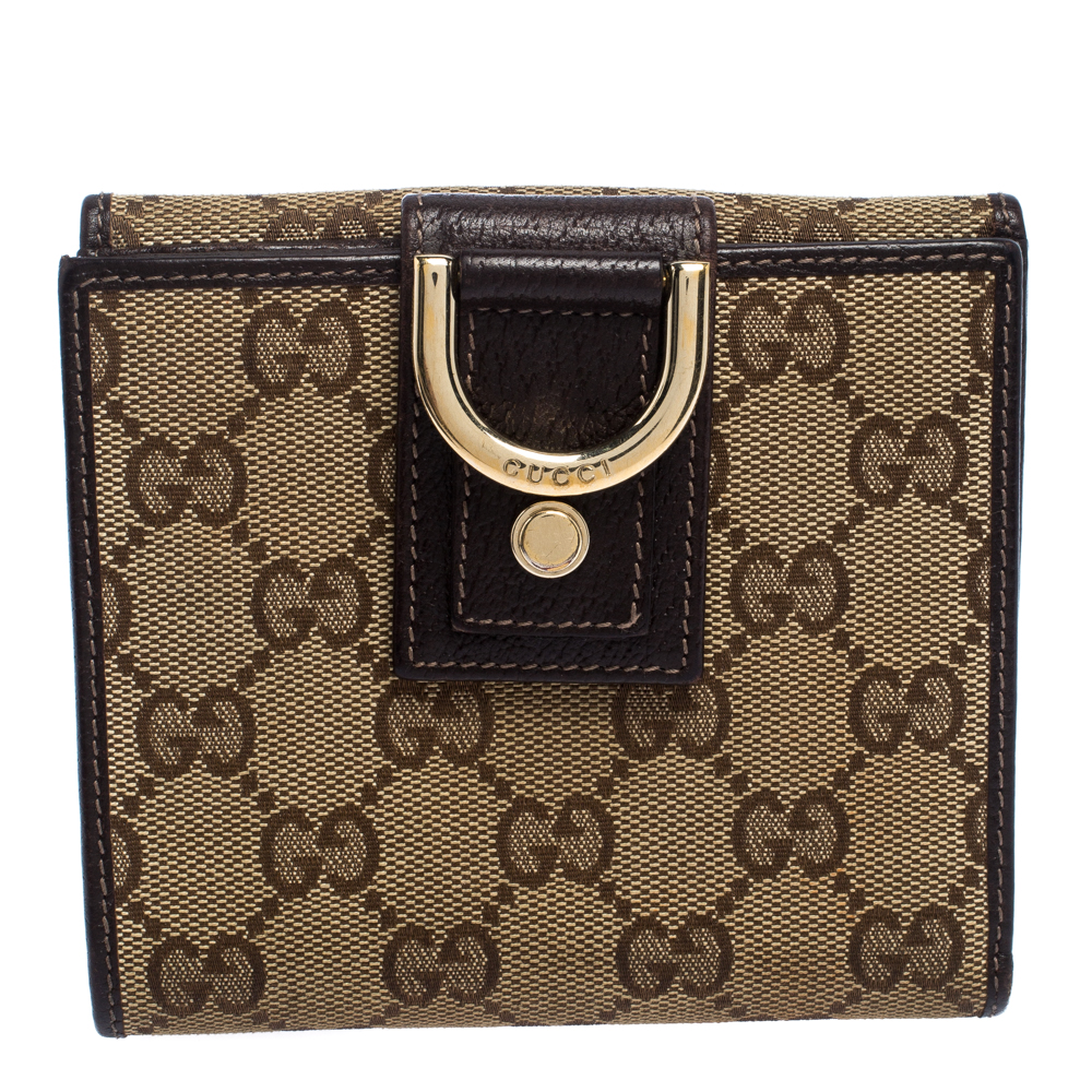 Gucci Brown GG Canvas D Ring Compact Wallet