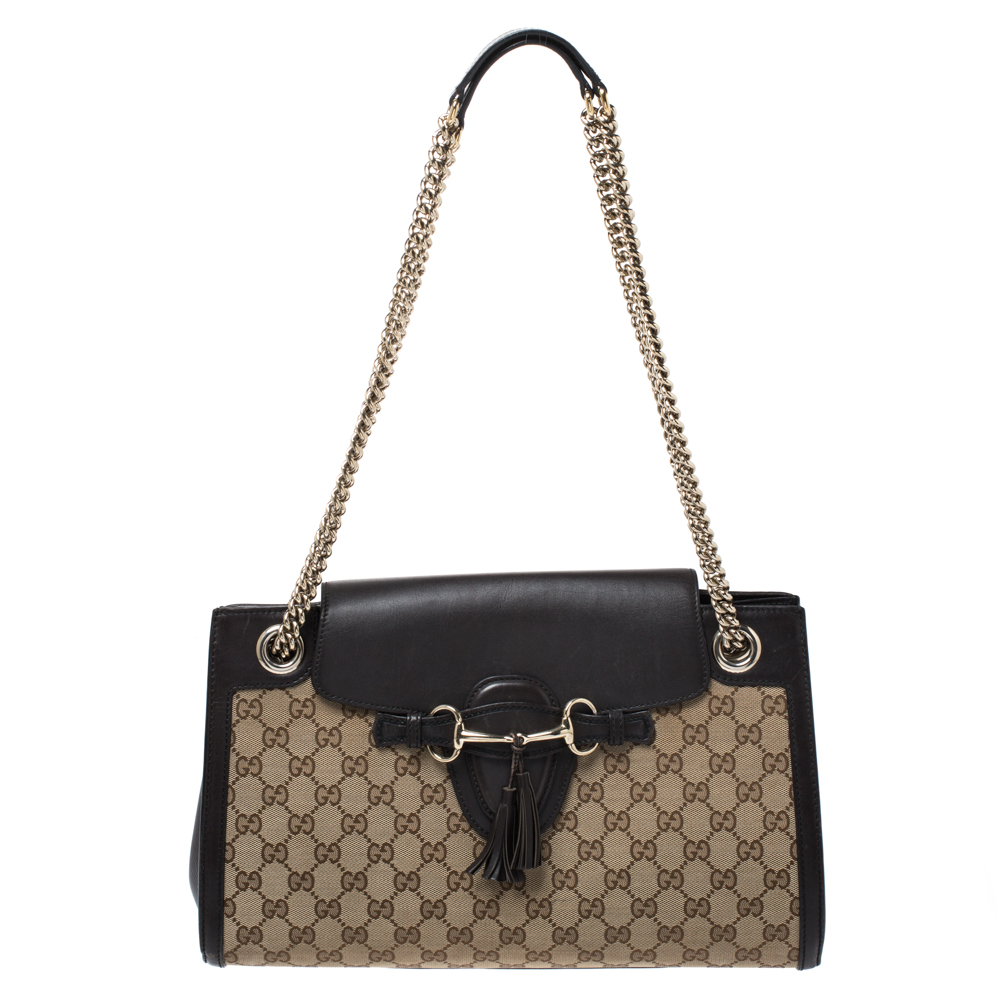 مملوكة مسبقًا Gucci Beige/Brown GG Canvas and Leather Large Emily Chain Shoulder Bag