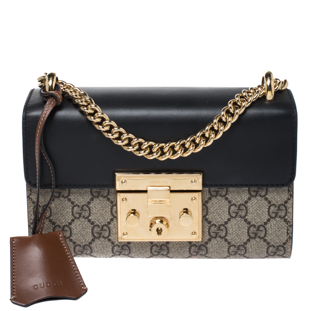 Gucci Beige/Black GG Supreme Canvas and Leather Small Padlock Shoulder Bag