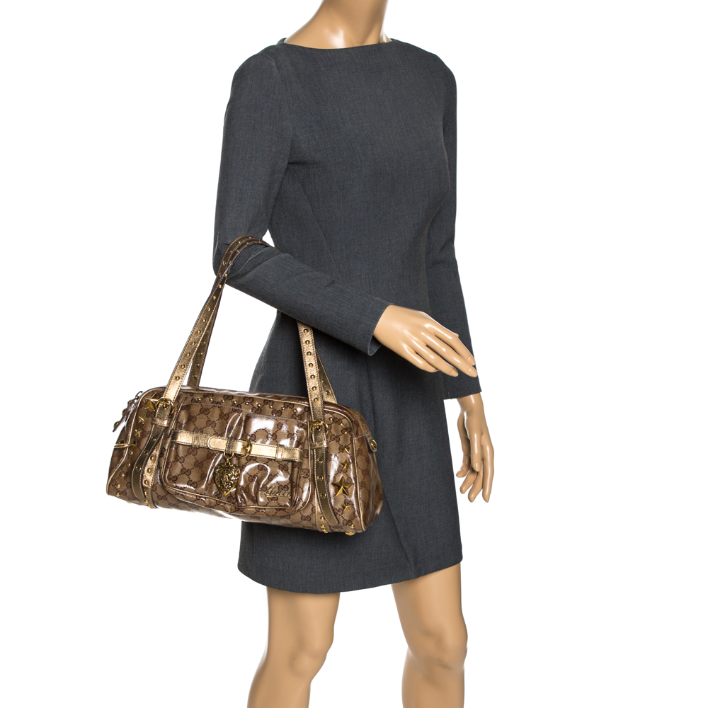 

Gucci Brown/Gold GG Crystal Canvas Star Studded Satchel