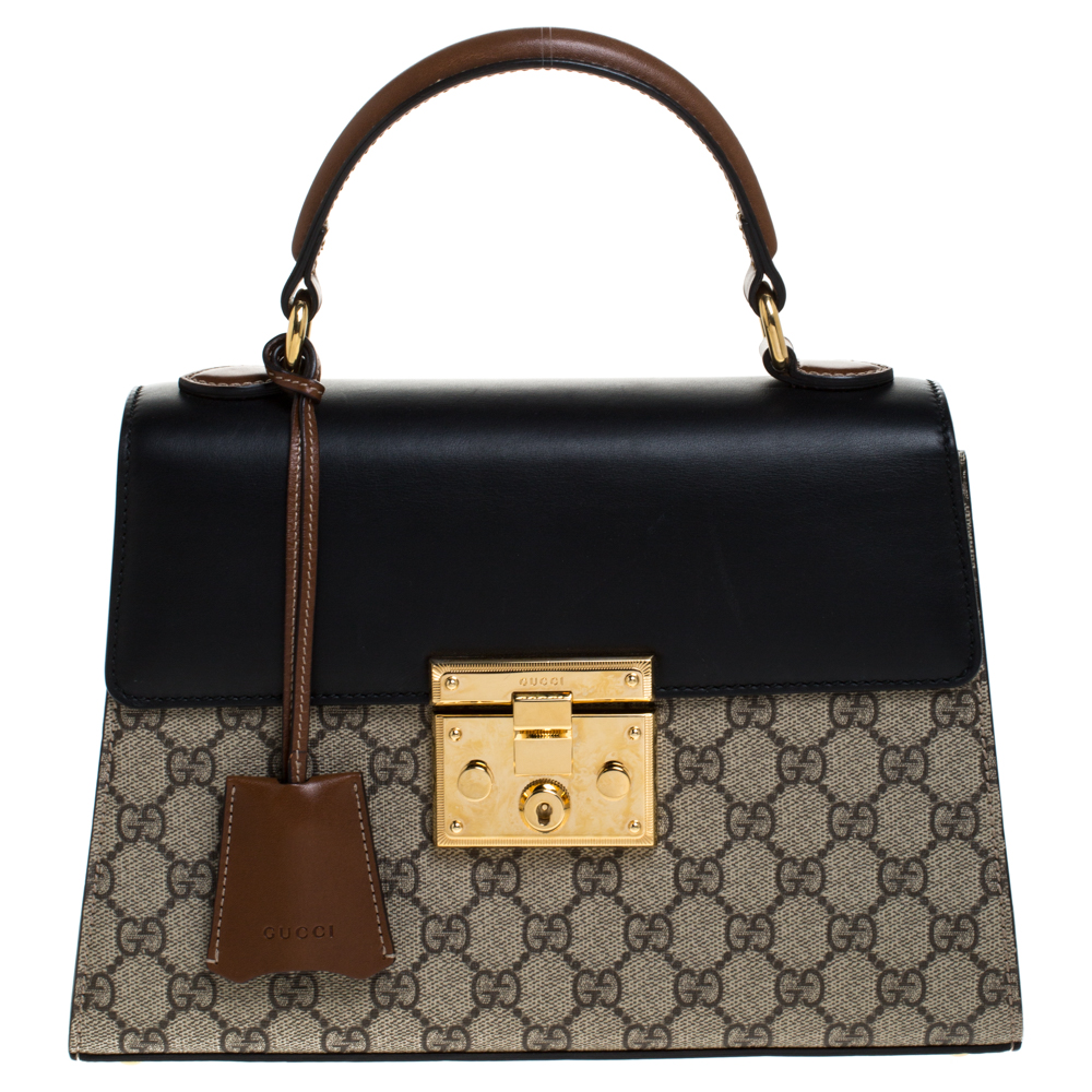 Pre Owned حقيبة غوتشي يد علوية قفل صغيرة جلد وكانفاس سوبريم GG بنية/ سوداء