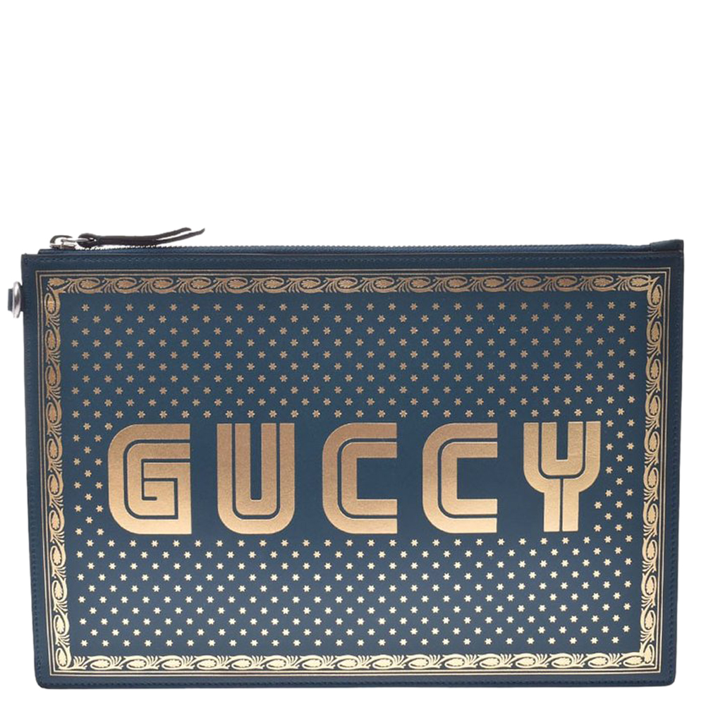 Pre-owned Gucci Blue Leather Guccy Sega Pouch