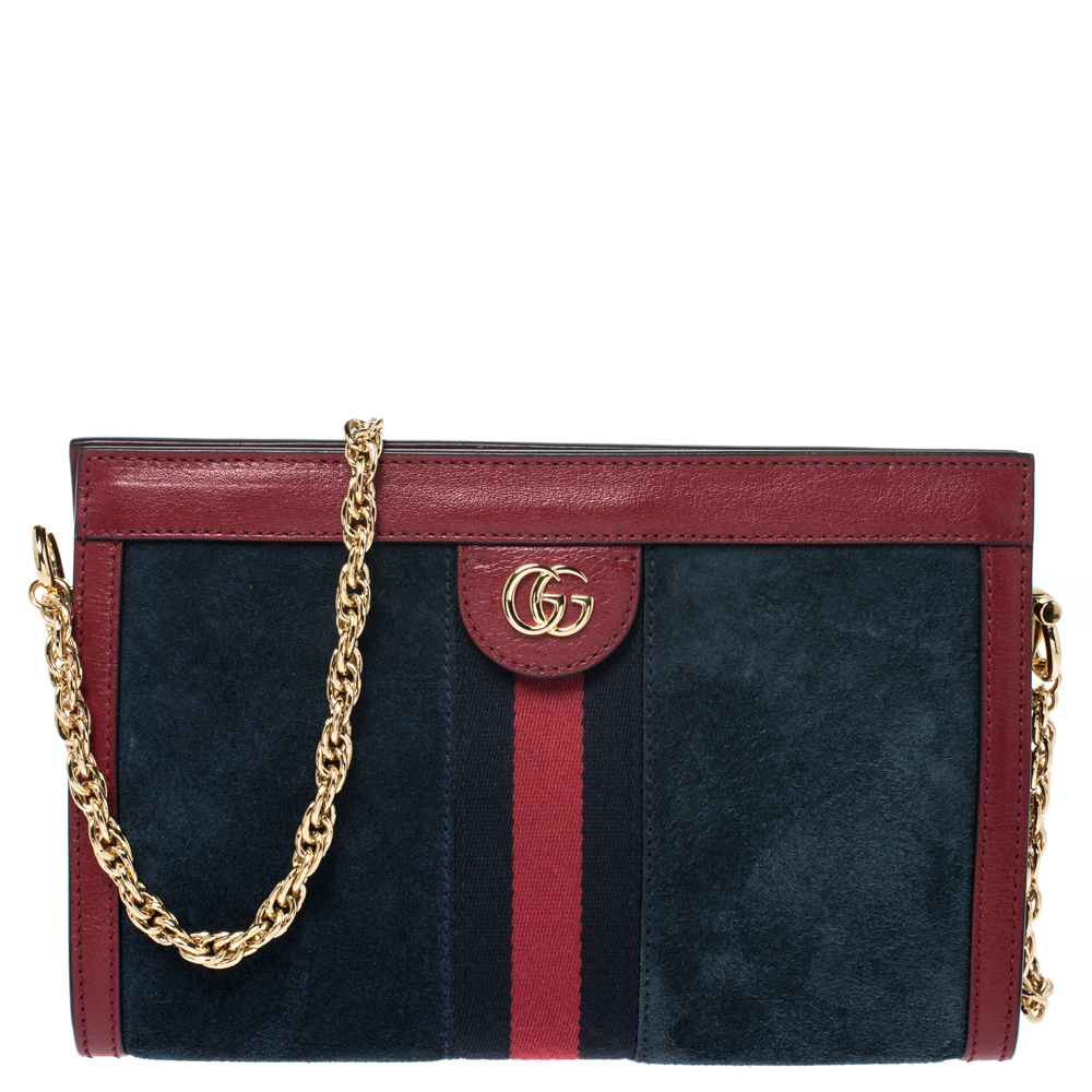 Pre-owned Gucci Navy Blue/red Suede And Leather Ophidia Shoulder Bag