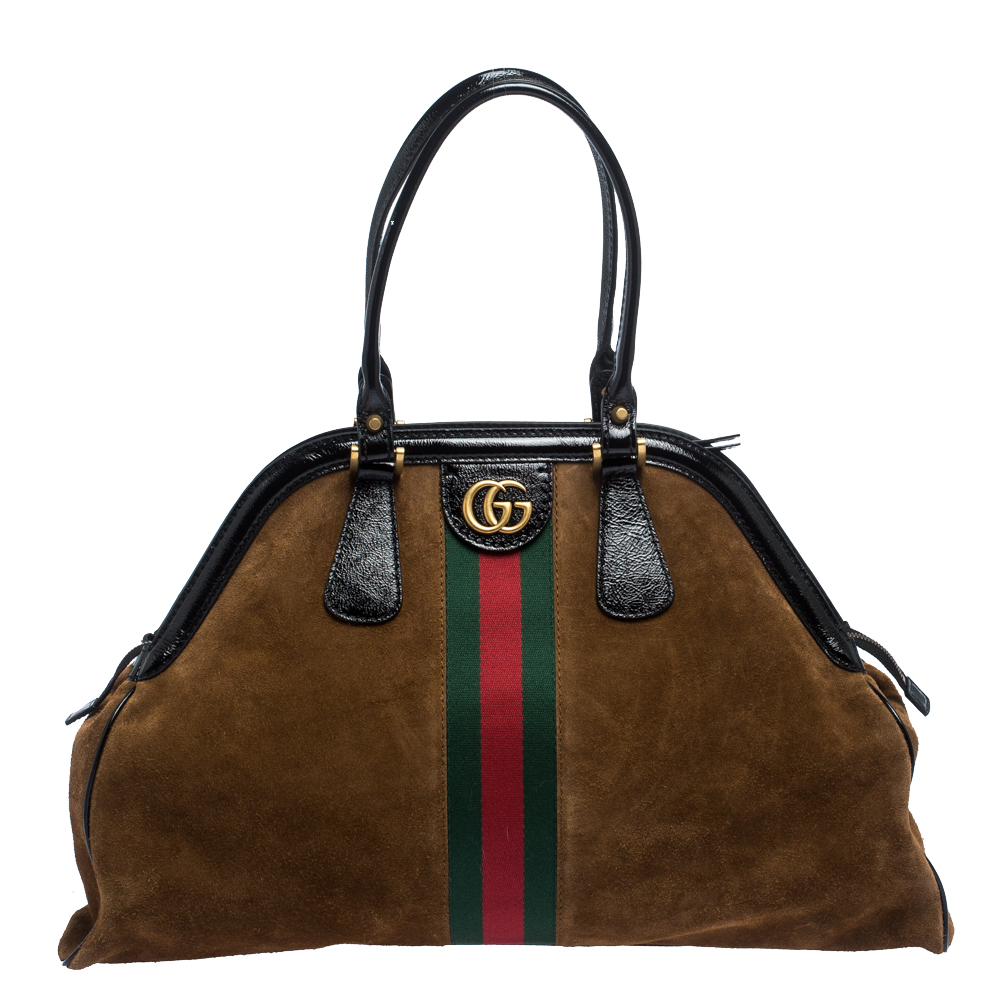 Gucci Brown Suede and Patent Leather Large Web Re(Belle) Bag