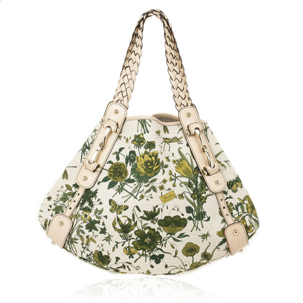 Pre Owned Gucci Beige and Green Floral Canvas Pelham Tote Bag