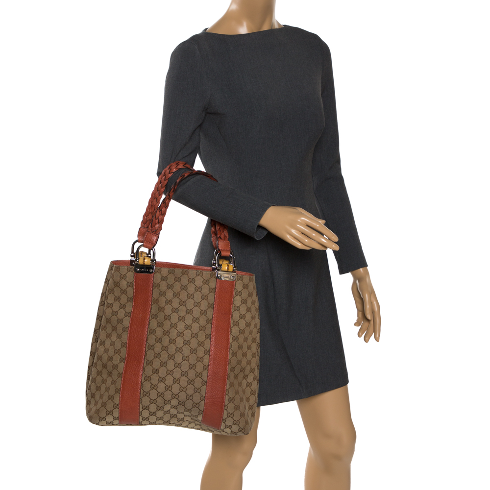 

Gucci Beige/Orange GG Canvas Vertical Bamboo Bar Tote