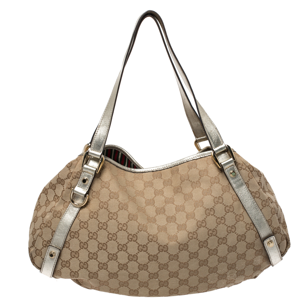 Gucci Beige/Silver GG Canvas and Leather Medium Abbey Shoulder Bag