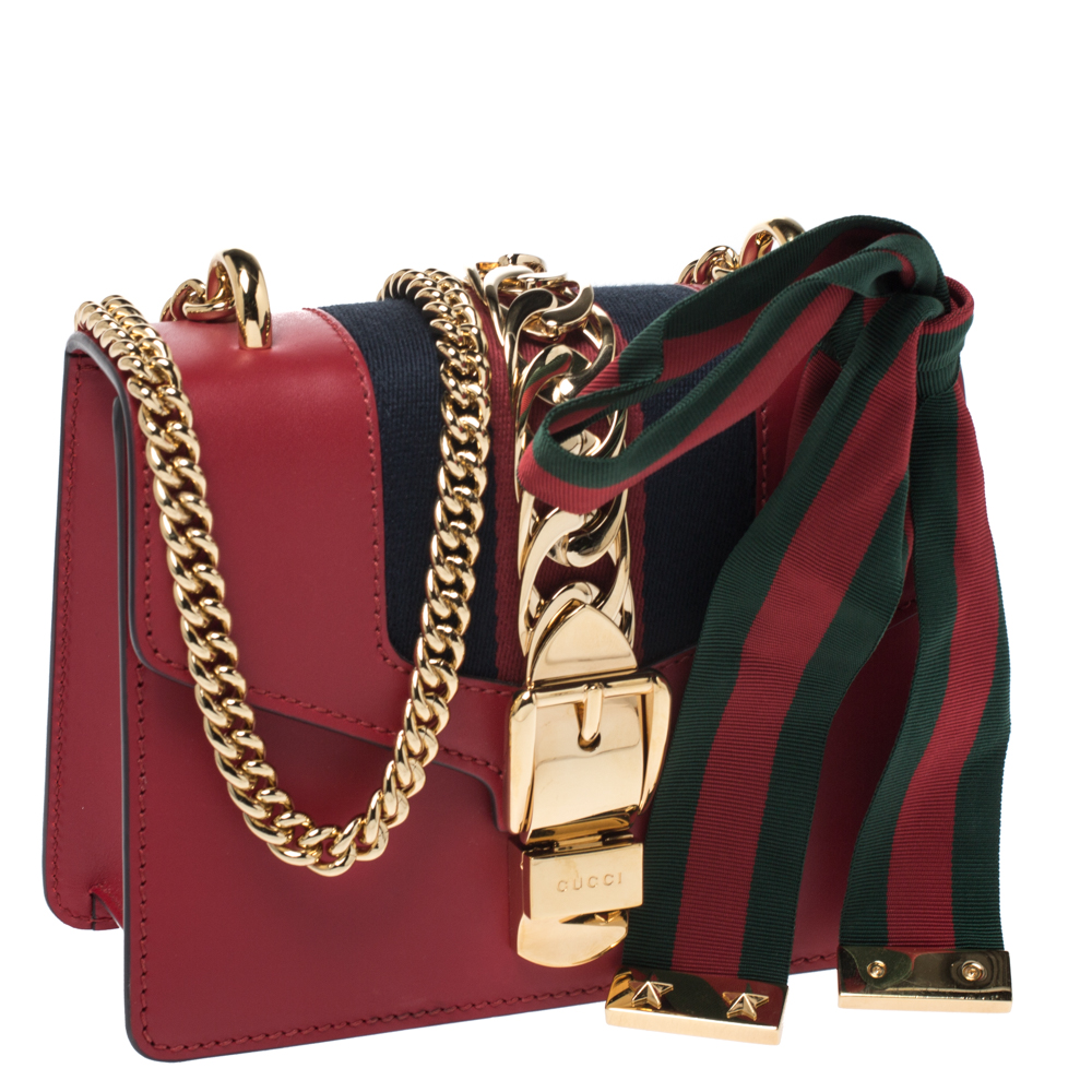 Gucci Red Leather Small Mini Gold Chain Handbag Bag Sylvie Super Web Italy  NEW