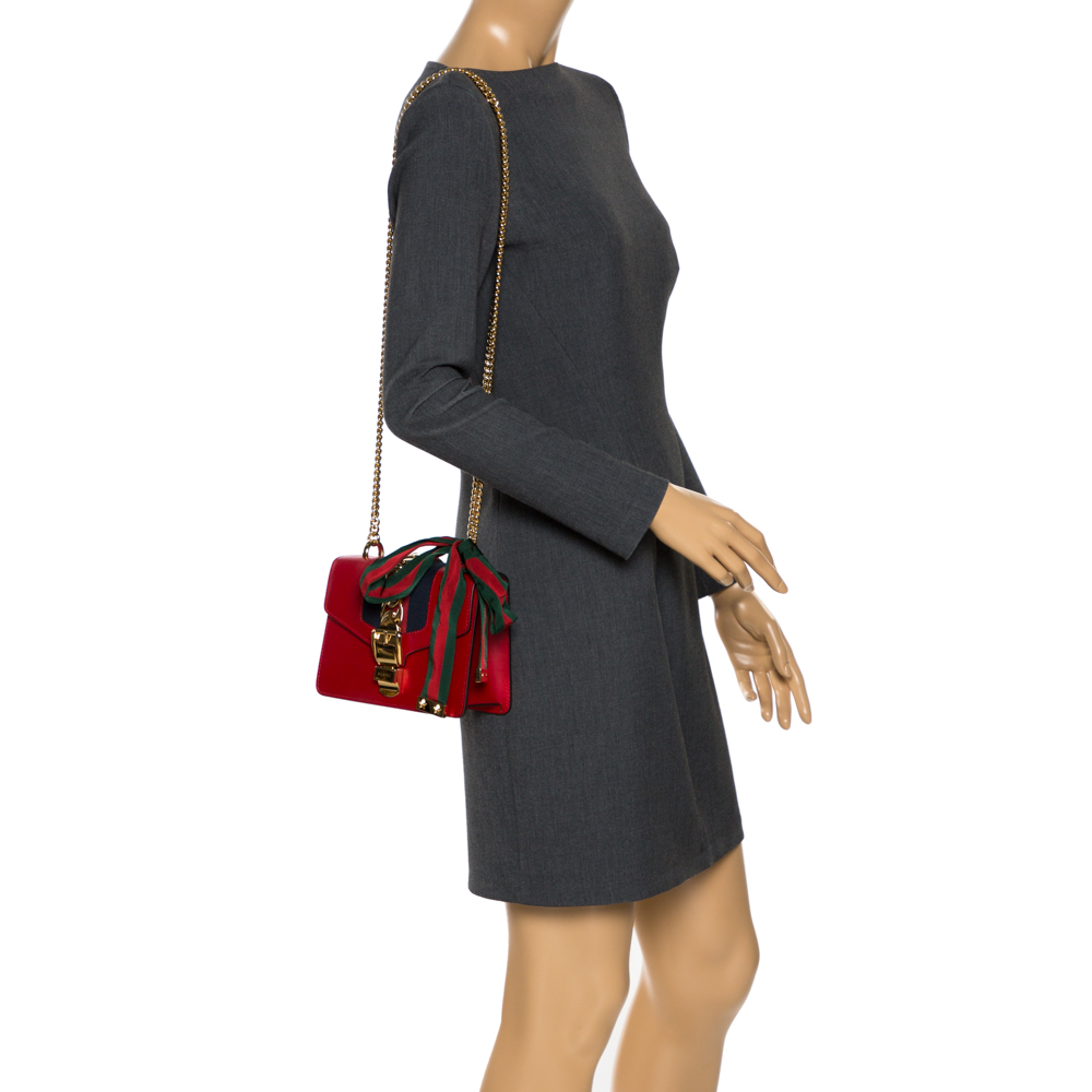 

Gucci Red Leather Mini Web Chain Sylvie Shoulder Bag