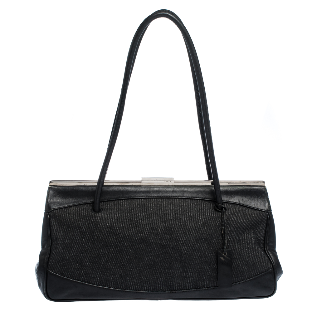 Pre Owned Gucci Black Canvas and Leather Frame Shoulder Bag