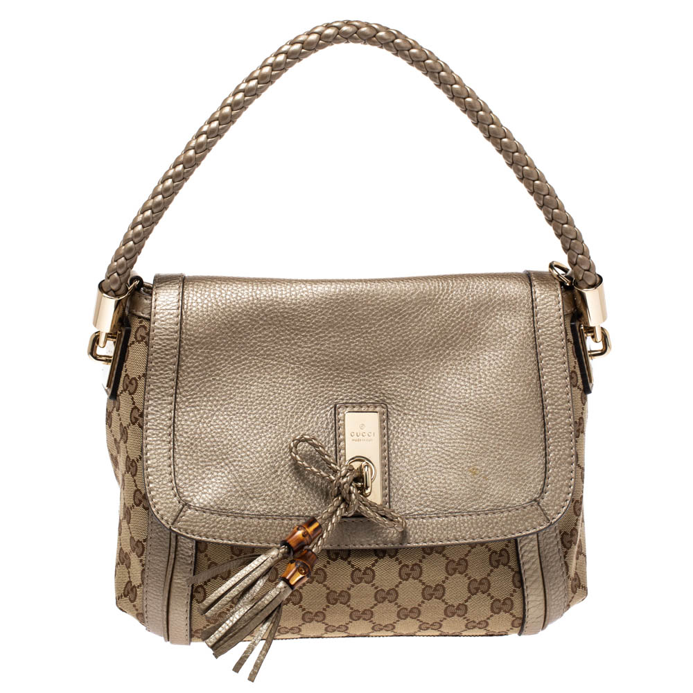Gucci Beige/Gold GG Canvas and Letherr Bella Flap Bag