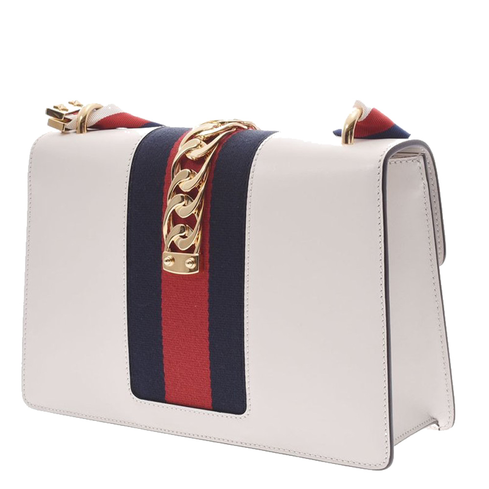 

Gucci White Leather Embroidered Sylvie Satchel, Green