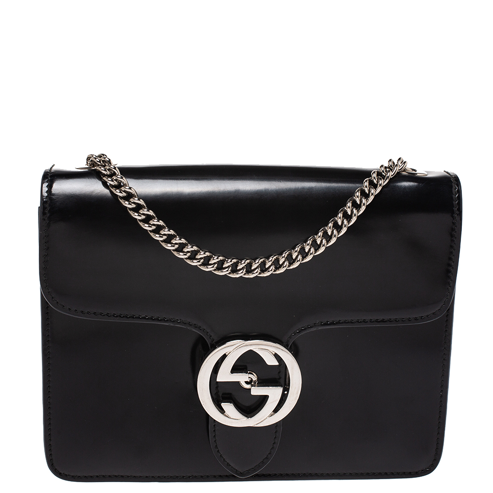 Gucci Black Patent Leather Small Interlocking GG Shoulder Bag