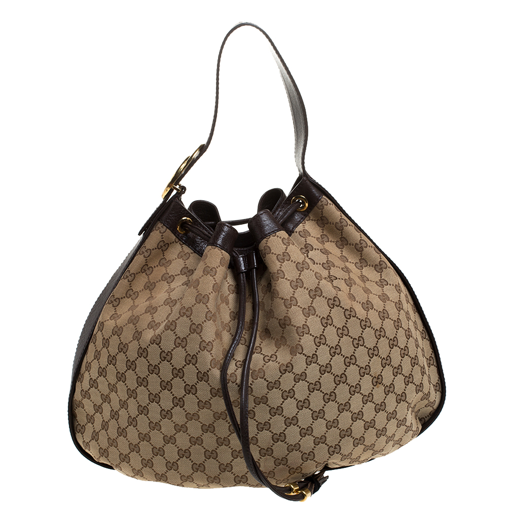 Pre Owned Gucci Beige/Brown GG Canvas and Leather Interlocking Icon Drawstring Hobo 