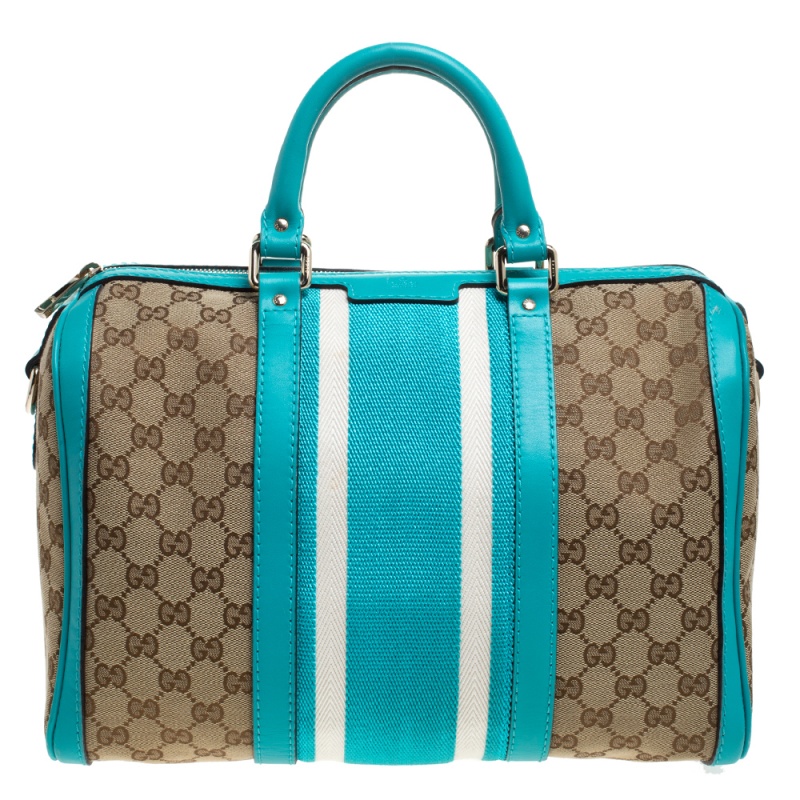Gucci Beige/Blue GG Canvas and Leather Medium Vintage Web Boston Bag