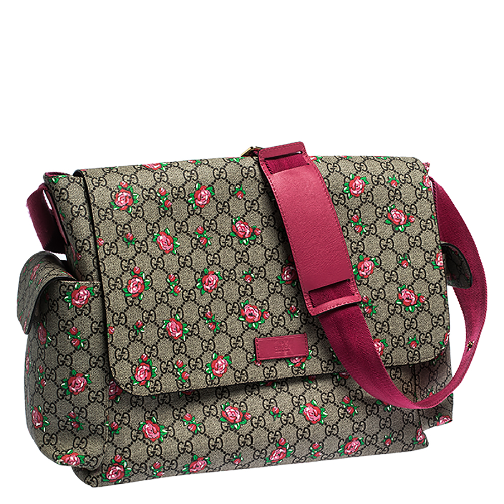 Gucci Beige/Pink GG Supreme Canvas and Leather Strawberry Print Diaper  Messenger Bag