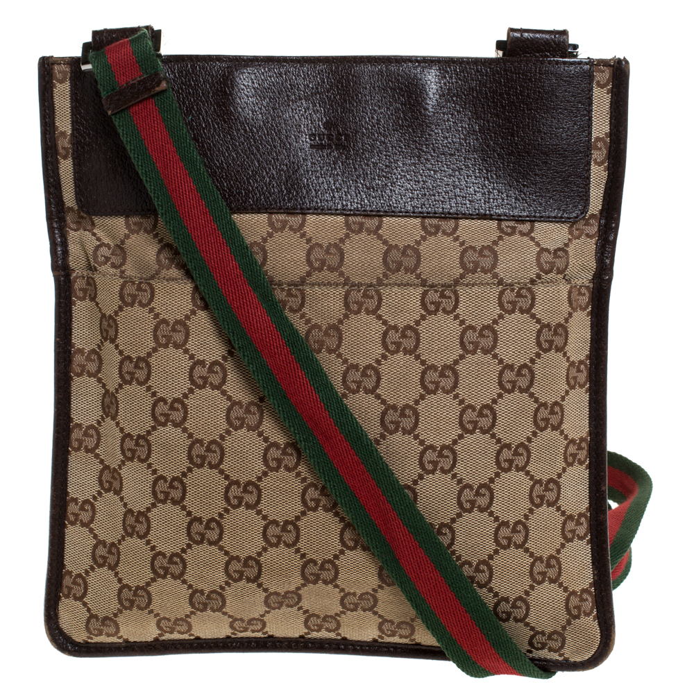 Pre-owned Gucci Brown Gg Canvas And Leather Web Messenger Bag | ModeSens