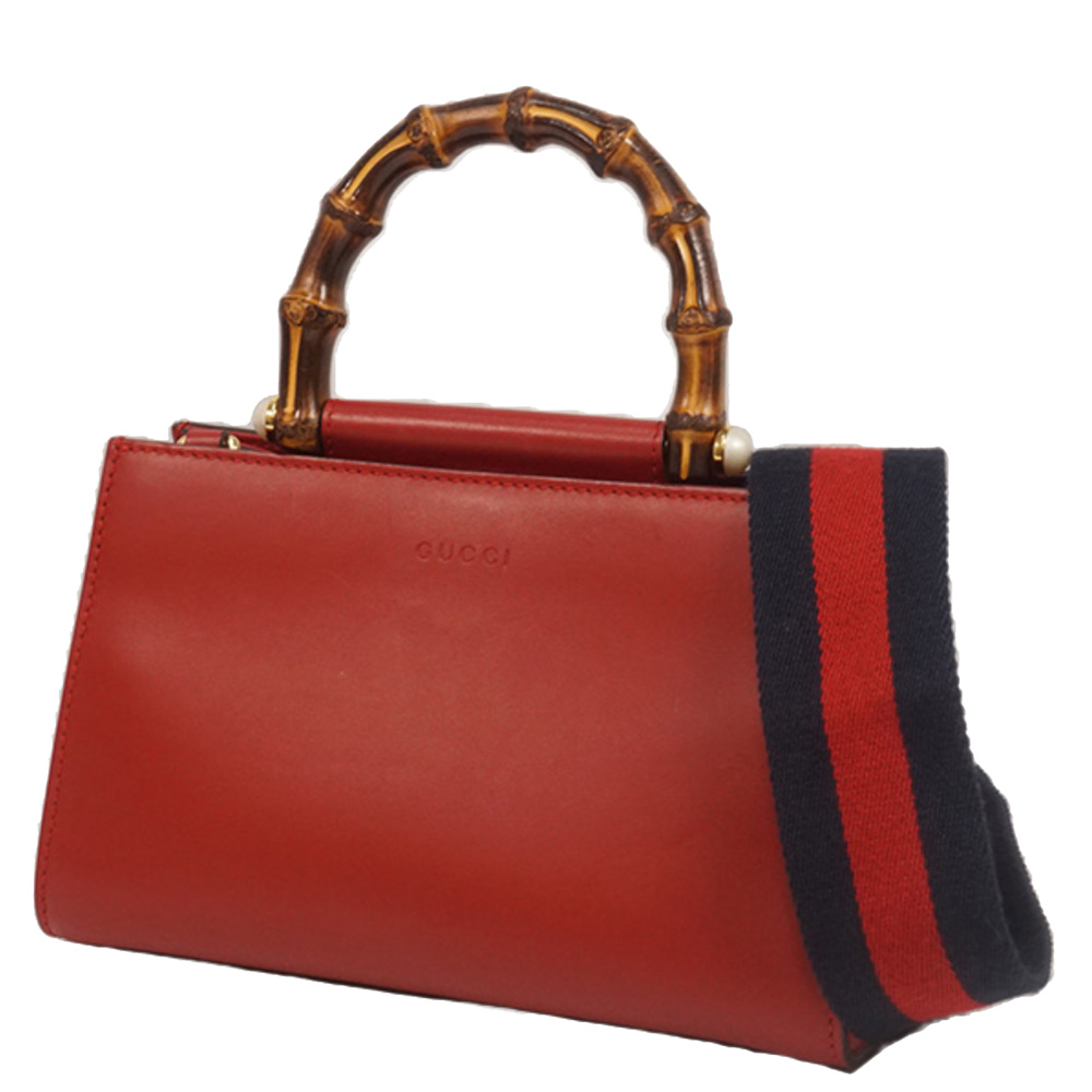 

Gucci Red Leather Mini Nymphaea Bamboo Satchel Bag