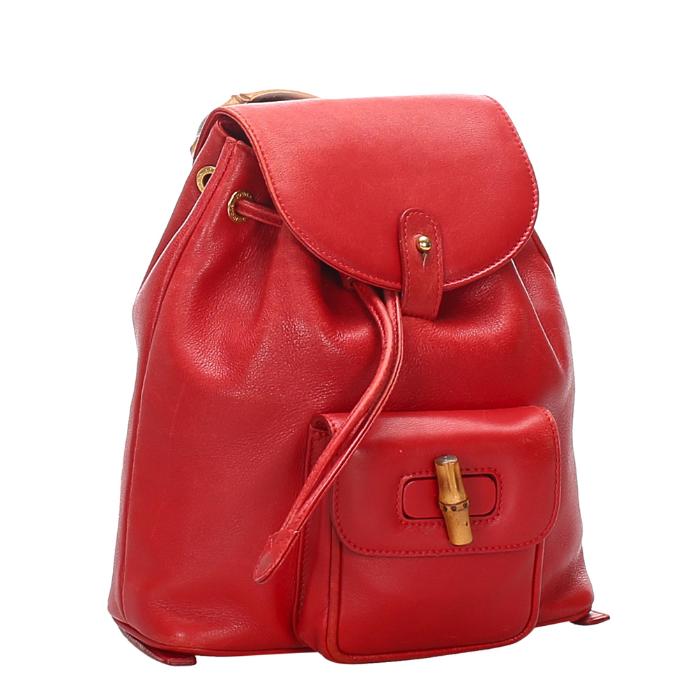

Gucci Red Leather Bamboo Drawstring Backpack