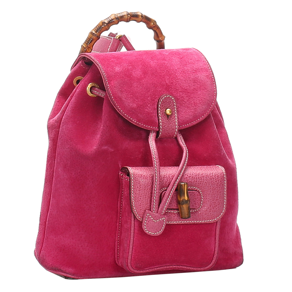 

Gucci Pink Suede Bamboo Drawstring Backpack