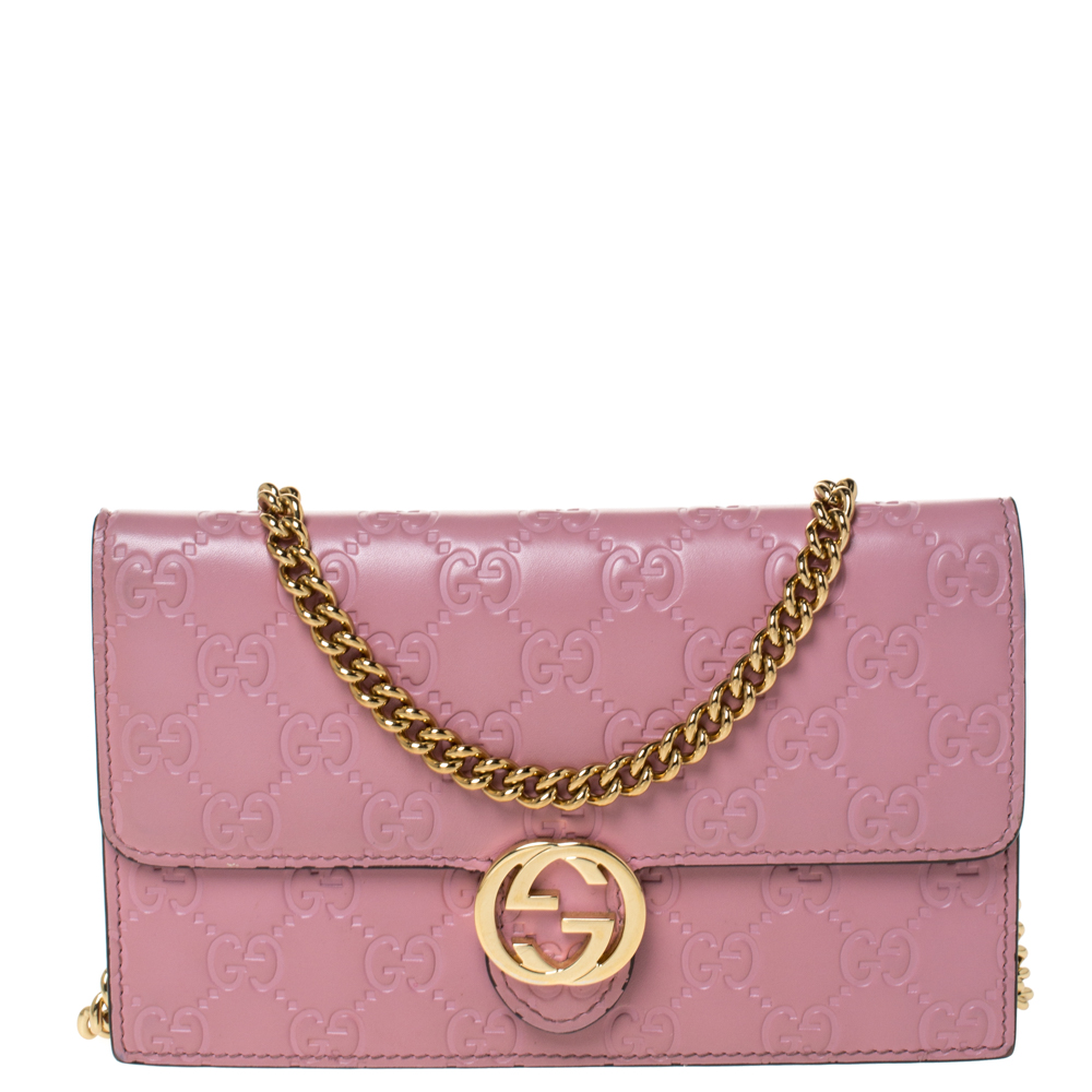 Gucci Pink Guccissima Leather Icon Wallet on Chain