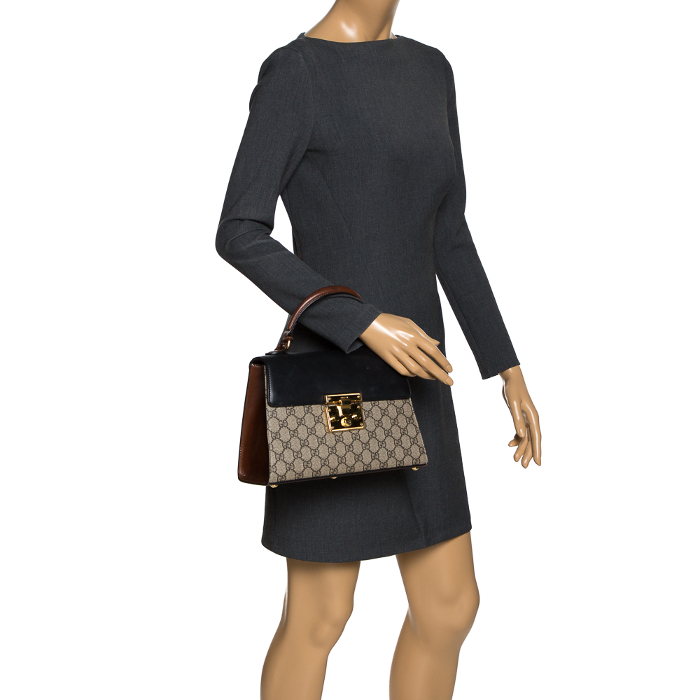 

Gucci Beige/Black GG Supreme Canvas and Leather Small Padlock Top Handle Bag