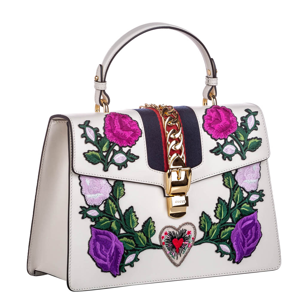 

Gucci White Embroidered Leather Sylvie Medium Satchel
