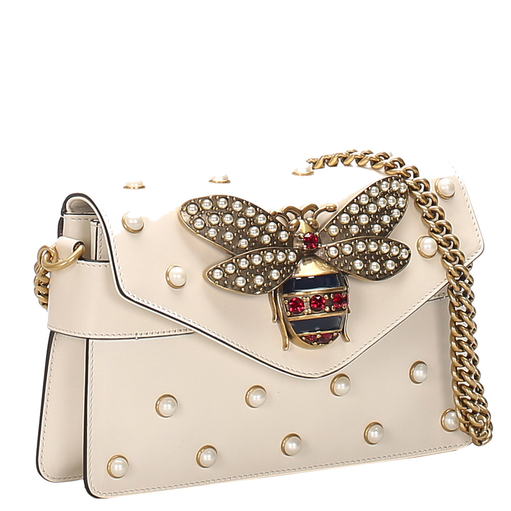 

Gucci White Leather Broadway Pearly Bee Shoulder Bag, Multicolor