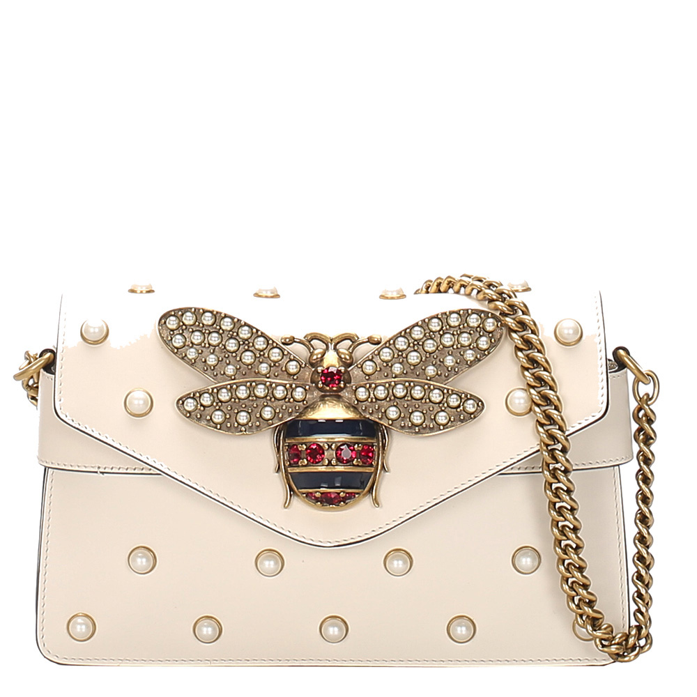 Gucci White Leather Broadway Pearly Bee 