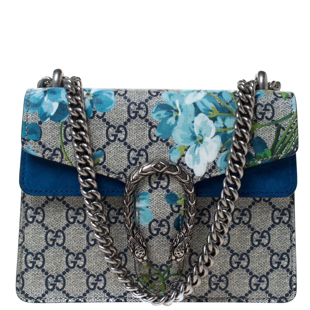 Gucci Pouch Blue Blooms Beige/Ebony in Canvas with Silver-Tone - US