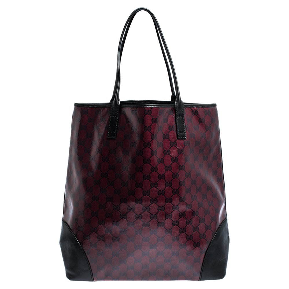 Pre Owned Gucci Burgundy/Dark Brown GG Crystal Canvas and Leather Tote